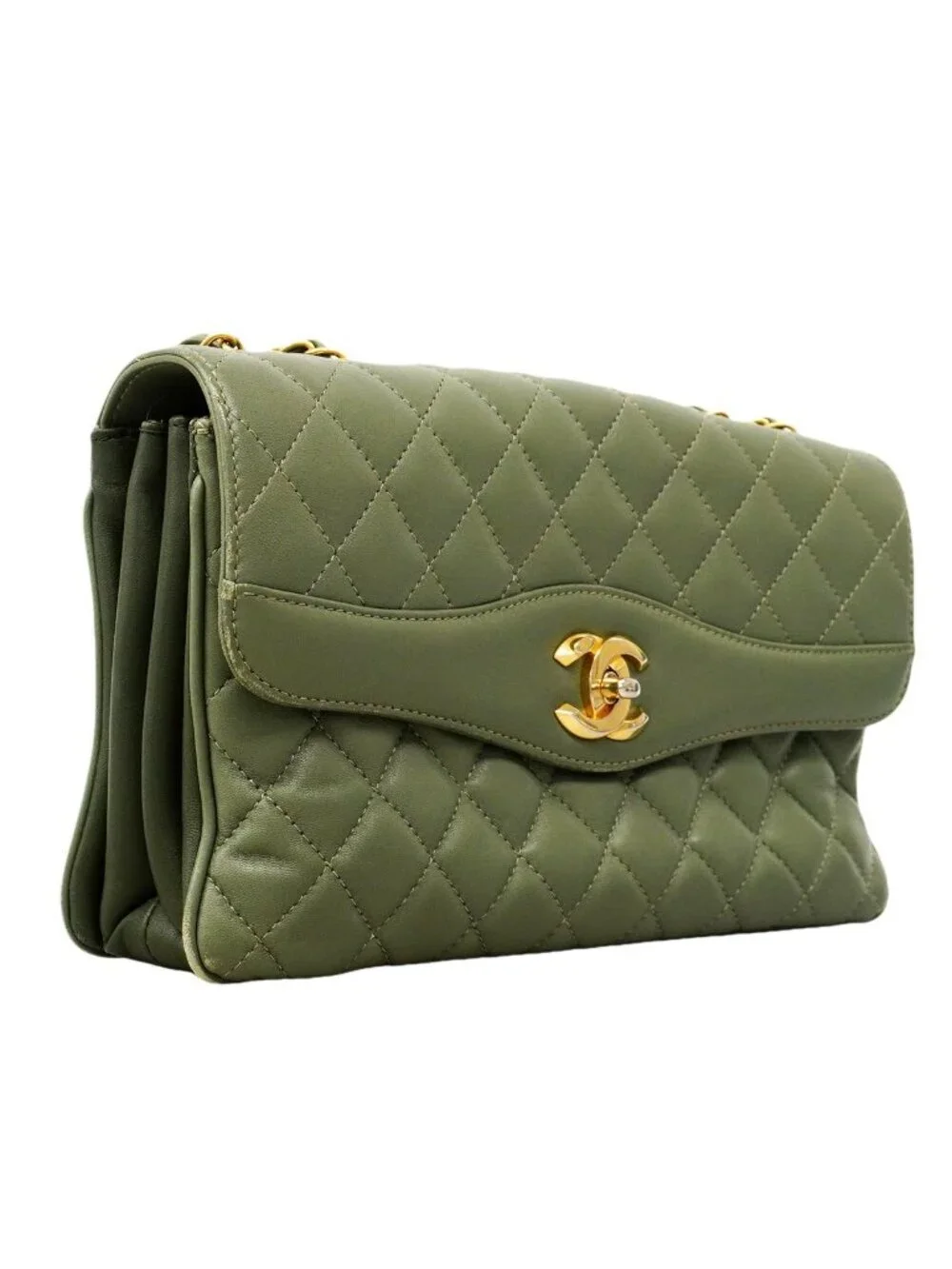 Chanel Shoulder Bag Quilted Lambskin Green Gold
